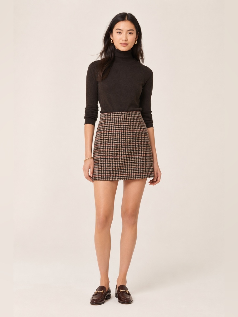 J.Crew Brown Houndstooth Plaid Wool Blend Mini Skirt Size 0‎
